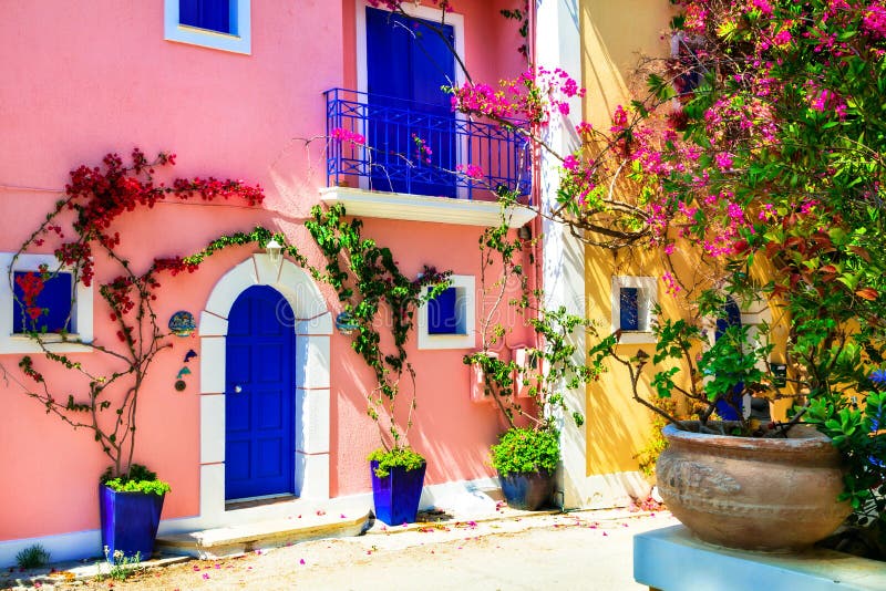 Colorful Greece series - charming streets of Assos village in Kefalonica royalty free stock image Colorful Greece series - charming streets of Assos village in Kefalonica royalty free stock image