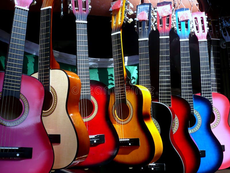 Colorful guitars on display