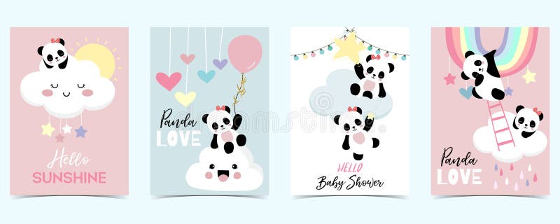 Colorful hand drawn cute card with rainbow,cloud,panda and rain.Hello sunshine