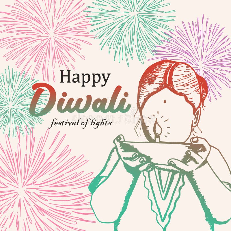 Colorful hand drawn Happy Diwali with female children and burning diya illustration. Vintage elegant festival of lights vector eps 10.