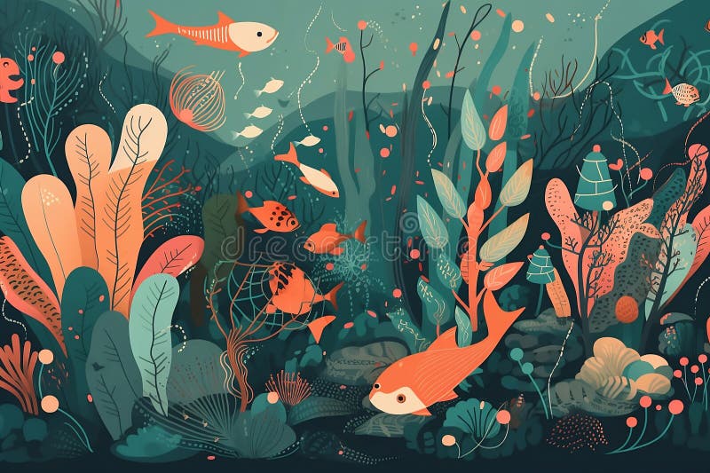 Colorful Hand Drawn Illustration of Underwater Animals Stock