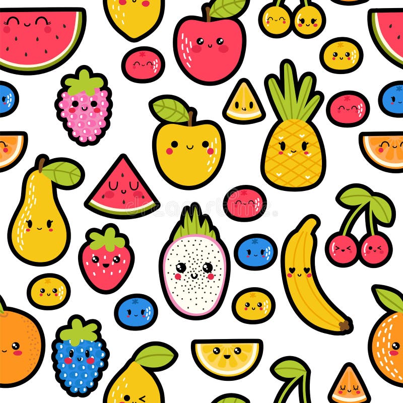 Colorful hand drawn seamless pattern with summer tropical fruit and berries. Cute background for your design. Kawaii style.