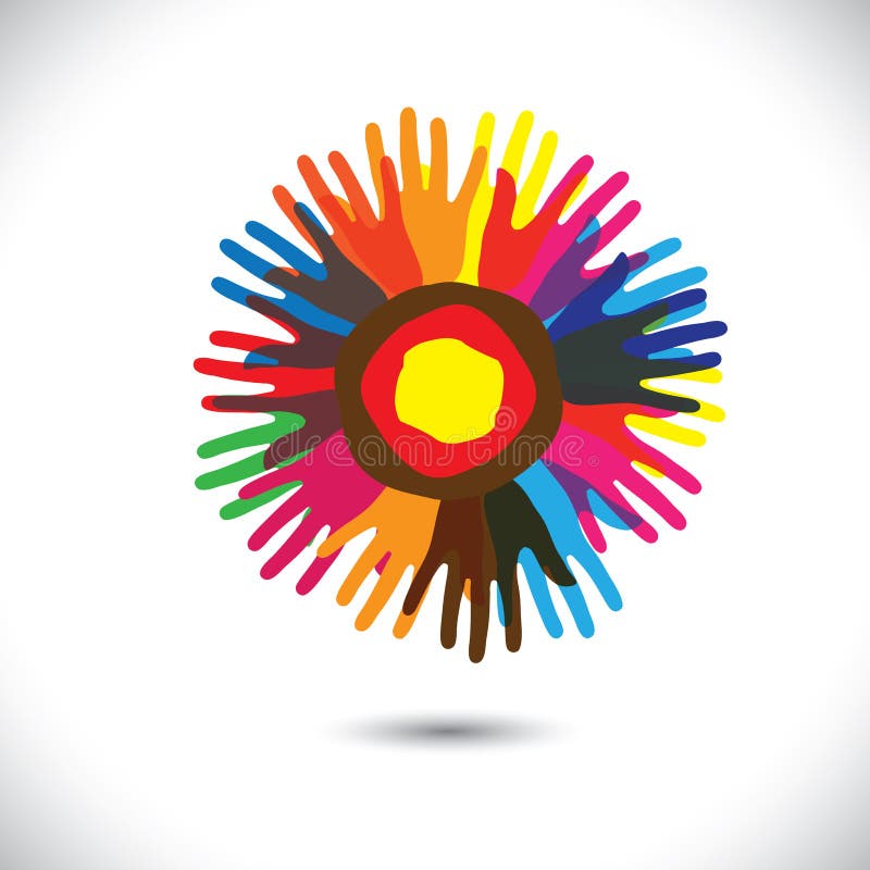 Colorful hand icons as petals of flower: happy community concept