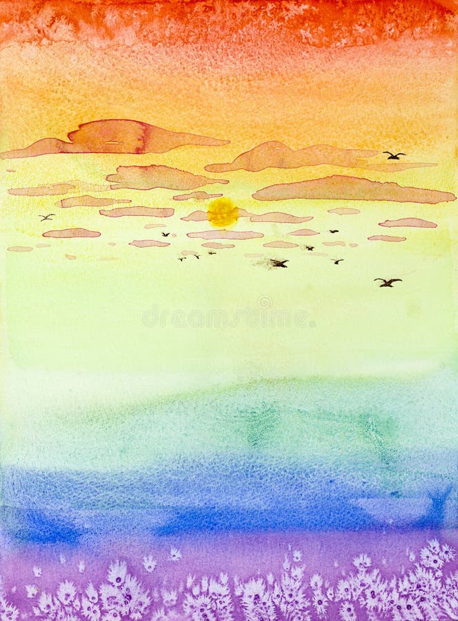 Hand drawn illustration of colorful sunset