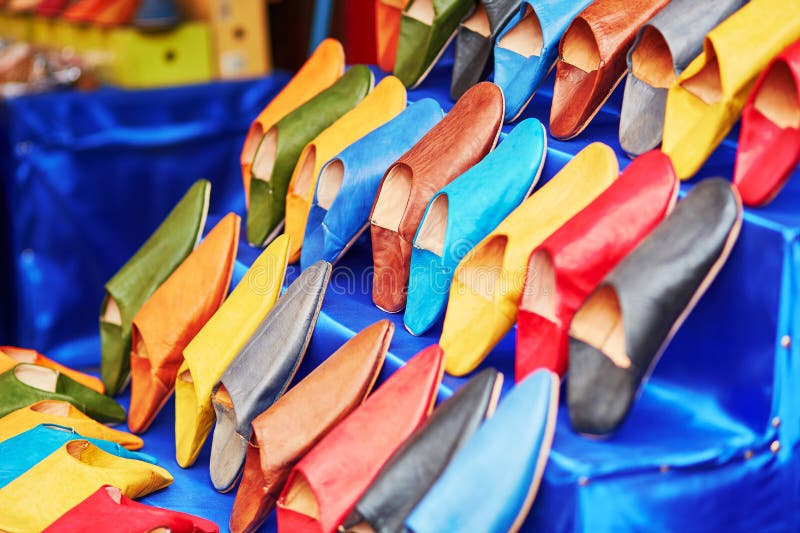 Colorful handmade leather slippers on a market in Marrakech, Morocco