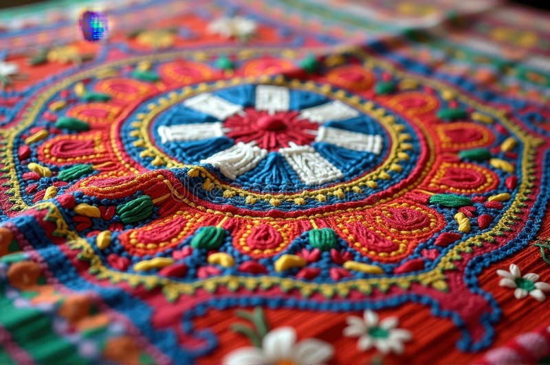 Colorful handwoven textile with intricate embroidery and floral patterns vector illustration