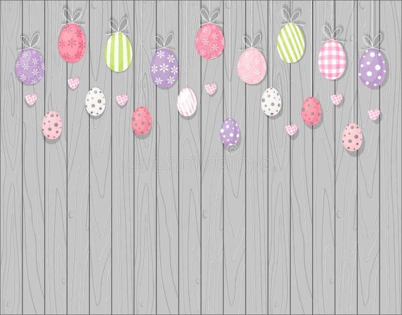 Colorful hanging easter eggs. Rustic wooden background. Cartoon style stock illustration