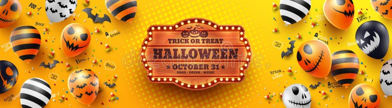De kleurrijke gelukkige Halloween-truc of behandelt op gele achtergrond met Halloween-griezelige spook balloonsscary balloonswebsi