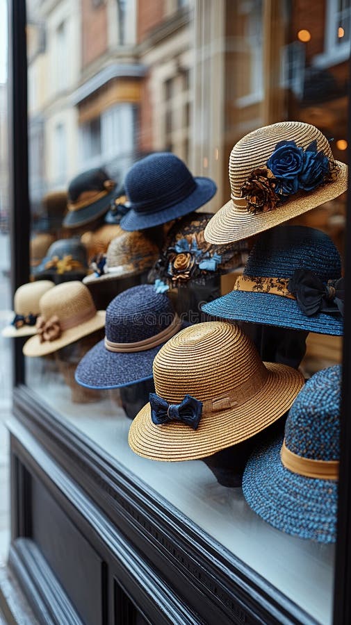 Colorful hats displayed in a shop window, showcasing various styles and materials, high-resolution background Generative AI