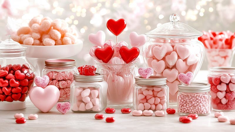 Colorful heart-shaped candies are beautifully displayed in clear jars, creating a festive atmosphere for any occasion stock image