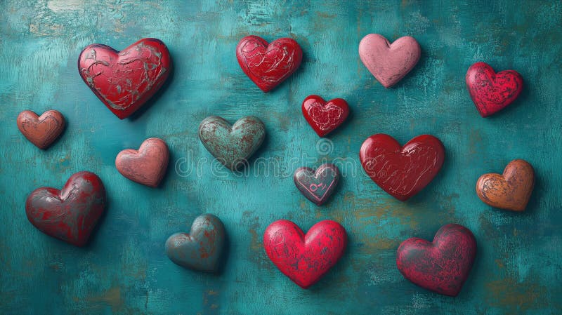 Colorful hearts arrangement on textured background royalty free stock photo