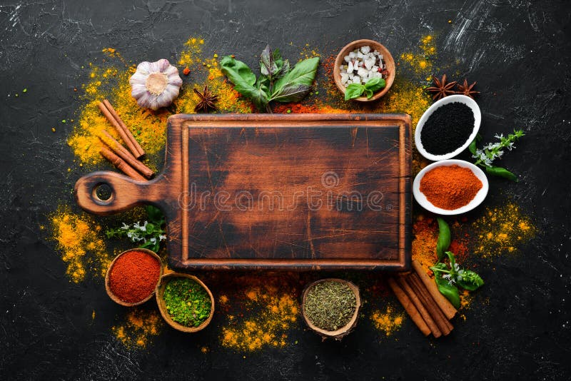 Colorful Herbs and Spices for Cooking. Indian Spices. on a Black Stone  Background Stock Photo - Image of chalkboard, spices: 164667332