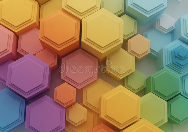 Colorful hexagonal prisms are arranged in a layered pattern. Each vector illustration