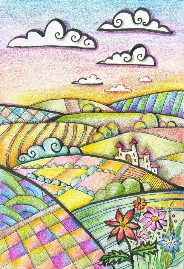 Colorful Hilly Landscape With Castle And Flowers Summer Day Fantasy Drawing By Colored Pencils Stock Illustration Illustration Of Hilly Building