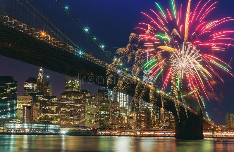 Colorful holiday fireworks panoramic view New York city Manhattan downtown skyline at night stock photography Colorful holiday fireworks panoramic view New York city Manhattan downtown skyline at night stock photography