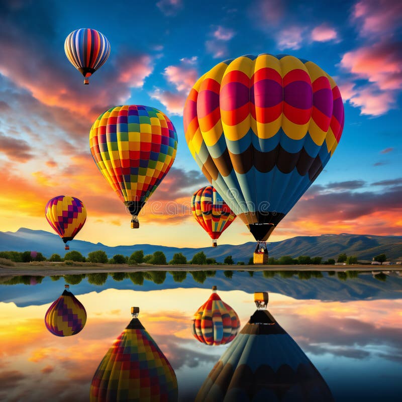 Colorful hot air balloon is flying at sunset over lake. Generative ai