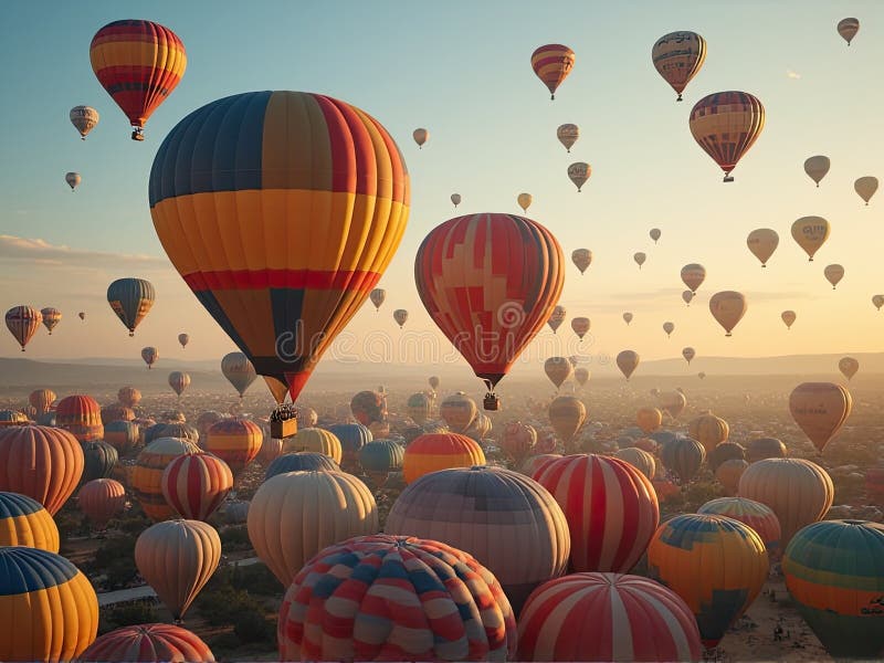 Aerial view of colorful hot air balloons floating over a vineyard during a festival
