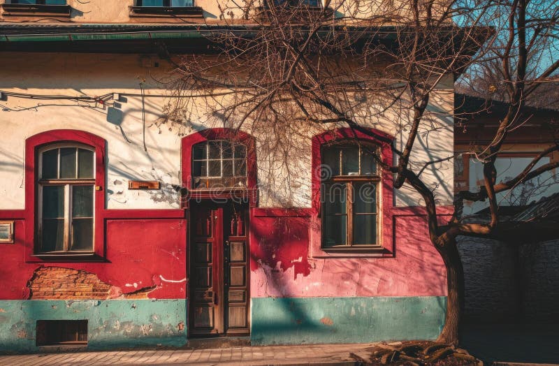 A colorful house with an old building in the background stock photography