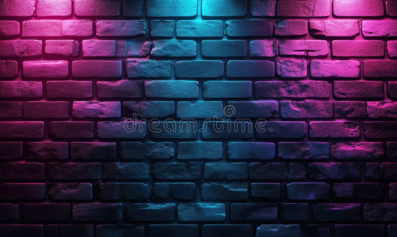 Colorful illuminated brick wall with blue and pink lighting effects for creative backgrounds. Seamless brick textures stock images, royalty-free photos and pictures