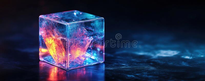 Colorful illuminated ice cube on dark background with vibrant reflections and textures, copy space for text royalty free stock images