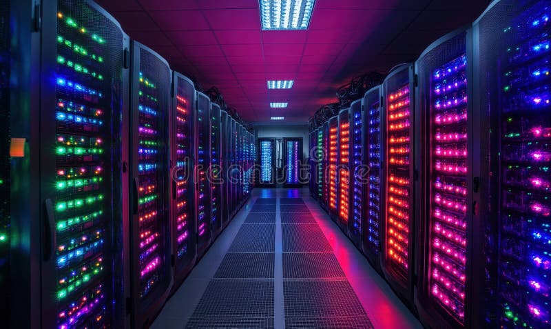 Colorful illuminated server room showcasing advanced data center technology stock photo