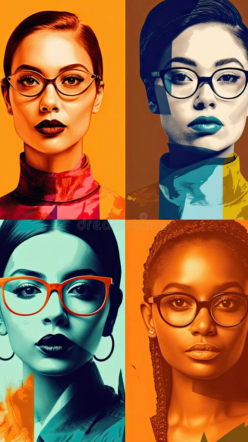 Colorful Illustrations Of Women Wearing Glasses For Invitations And Posters Stock Illustration 