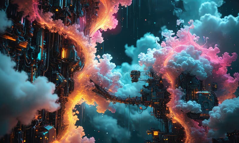 A Colorful Image of a Cityscape with a Fire Burning in the Sky. Stock ...