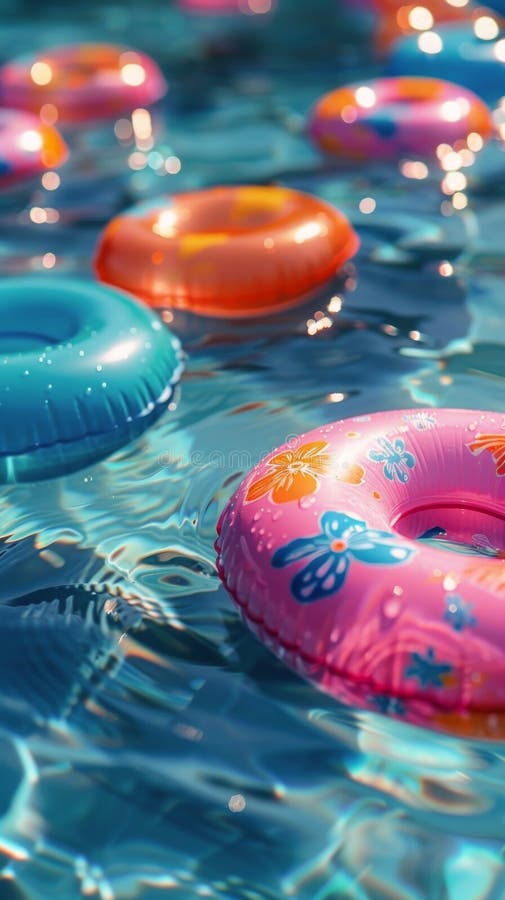 Inele colorate gonflabile plutind într-o piscină într-o zi însorită royalty free stock photos