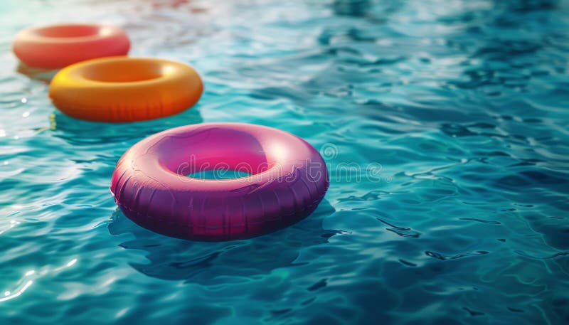 Inele gonflabile colorate plutind în apă în piscină în ziua însorită royalty free stock images