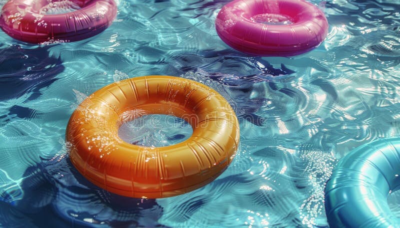 Inele gonflabile colorate plutind în apă în piscină în ziua însorită royalty free stock photos