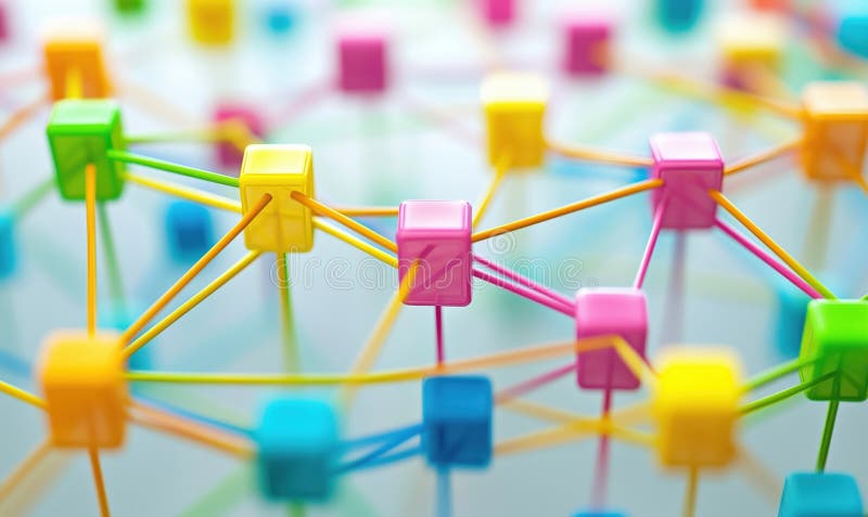 Colorful interconnected nodes and lines representing complex network structure, showcasing vibrant cubes and connections stock illustration