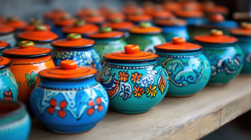 Colorful jars with lids arranged neatly on a table create a vibrant display. stock images