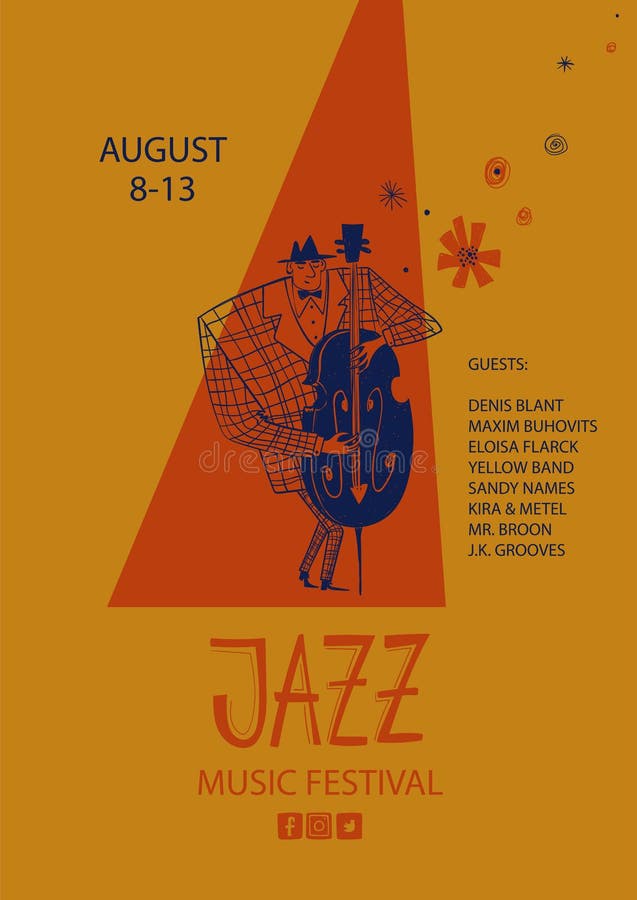 Colorful jazz poster with cartoon double bass player royalty free illustration