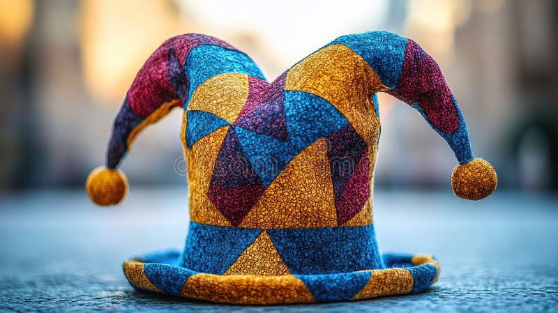 Colorful jester hat on ground, blurred background royalty free illustration