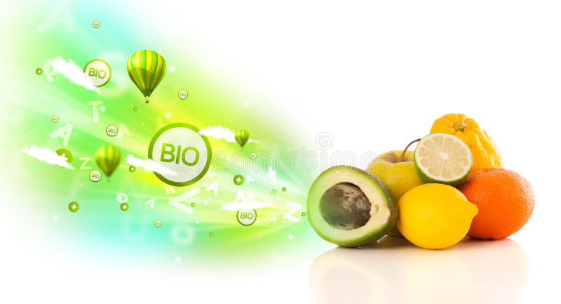Colorful juicy fruits with green eco signs and icons on white background