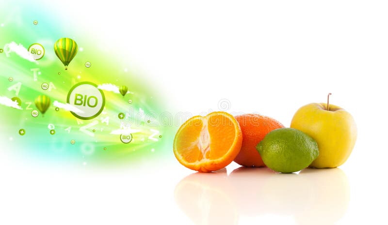 Colorful juicy fruits with green eco signs and icons on white background