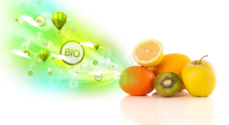 Colorful juicy fruits with green eco signs and icons on white background