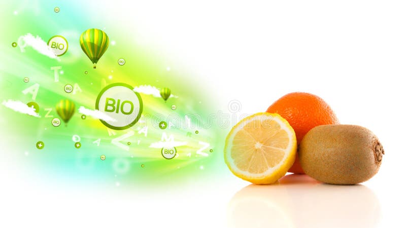 Colorful juicy fruits with green eco signs and icons on white background