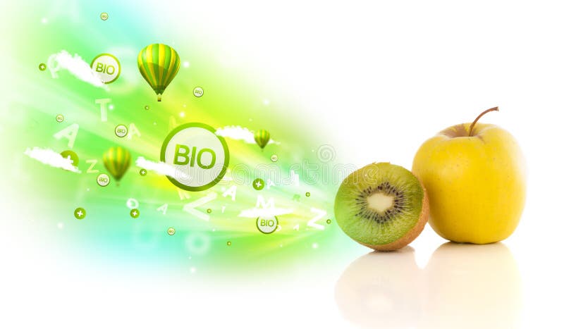 Colorful juicy fruits with green eco signs and icons on white background