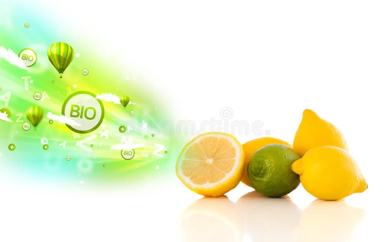 Colorful juicy fruits with green eco signs and icons on white background