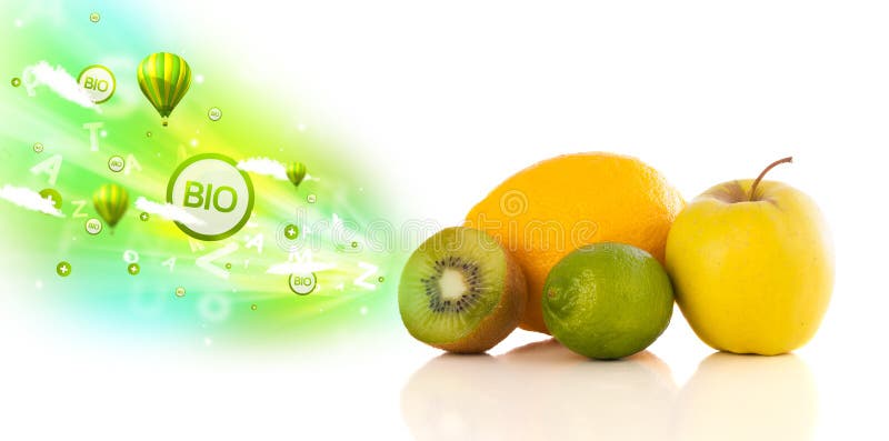 Colorful juicy fruits with green eco signs and icons on white background