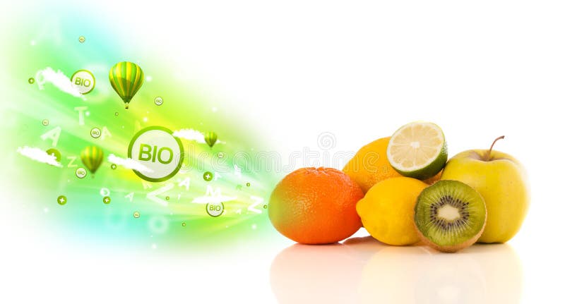 Colorful juicy fruits with green eco signs and icons on white background