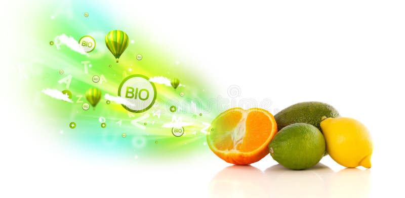 Colorful juicy fruits with green eco signs and icons on white background