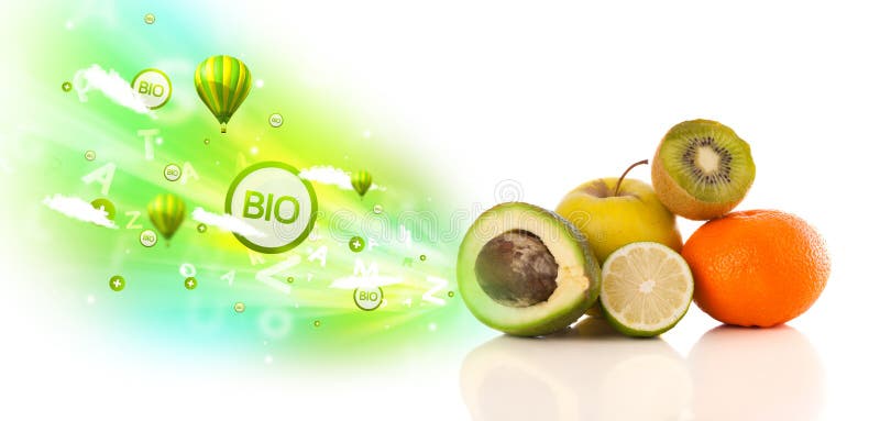 Colorful juicy fruits with green eco signs and icons on white background