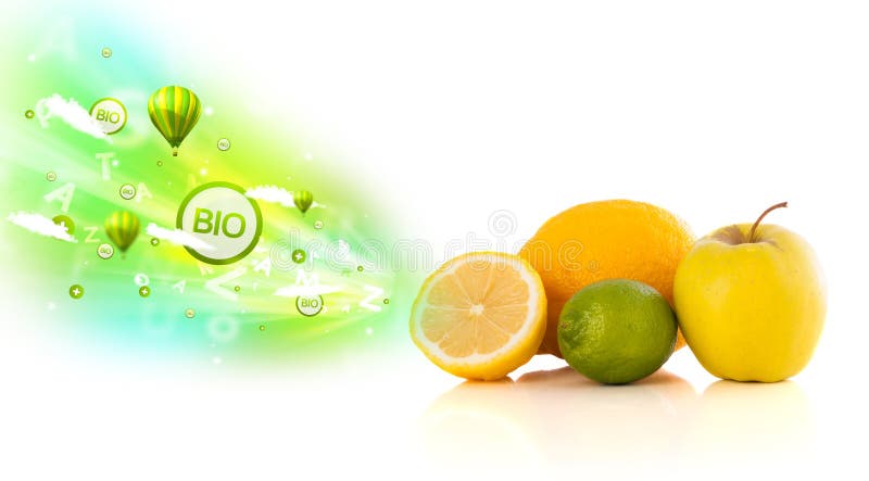 Colorful juicy fruits with green eco signs and icons on white background