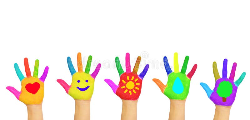 Colorful kid`s hands with heart, smile, sun, water, tree painted on palms