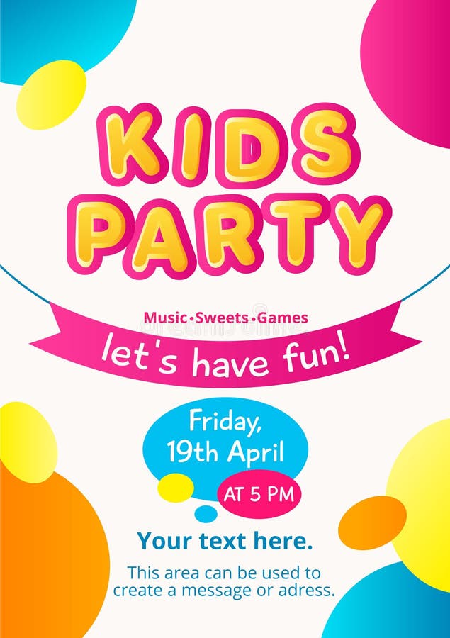 Colorful kids party invitation. Kids party concept. Colorful invitation for birthday, party etc. Vector illustration royalty free illustration Colorful kids party invitation. Kids party concept. Colorful invitation for birthday, party etc. Vector illustration royalty free illustration
