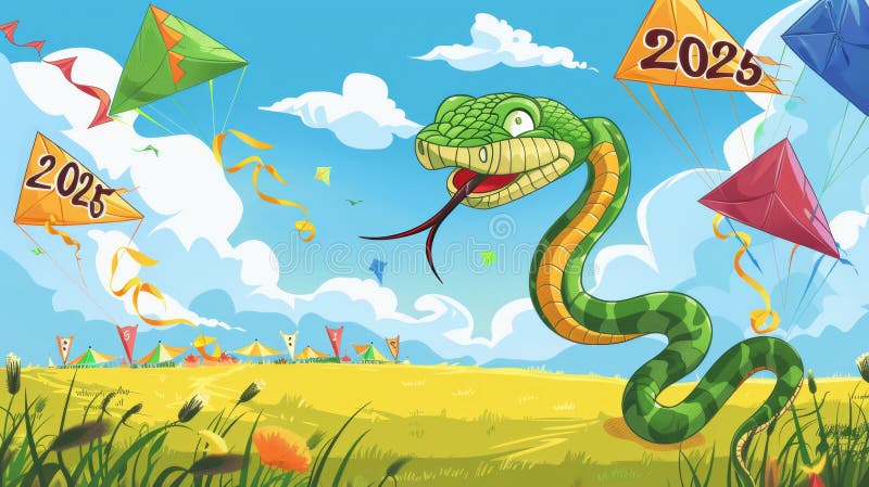 Colorful Kite-Flying Festival Scene with Serpent Design and 2023 Emblem stock photography