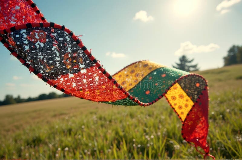 Colorful kite soaring above green field on a sunny day royalty free illustration