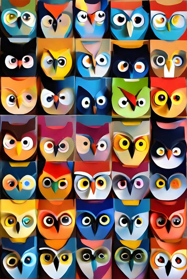 Bufnițe 3d colorate pe fond vopsit. royalty free illustration